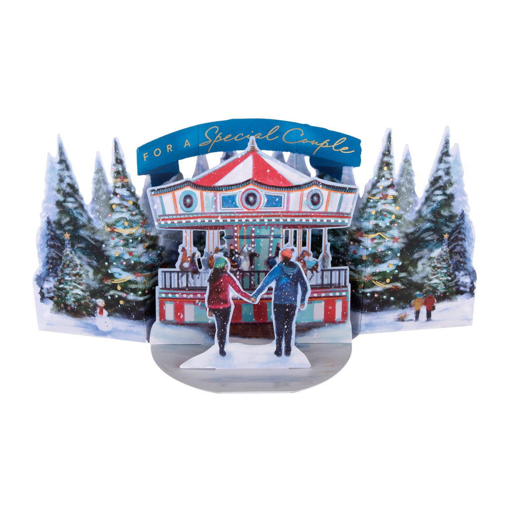 Christmas Card for Couple - Festive Carousel 3D Pop Up Design with Gold Foil