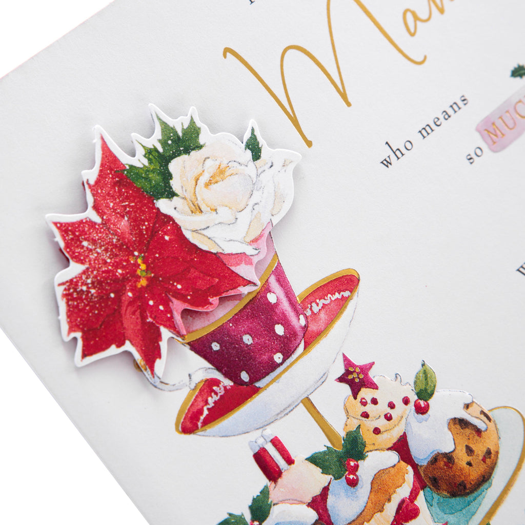 Christmas Card for Mam - Lucy Cromwell Merry Cakes Design with Gold Foil and 3D Add Ons