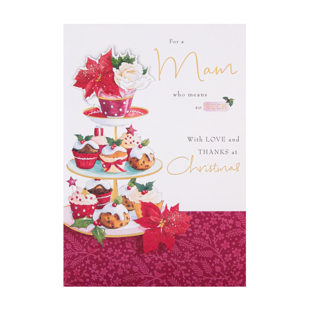Christmas Card for Mam - Lucy Cromwell Merry Cakes Design with Gold Foil and 3D Add Ons