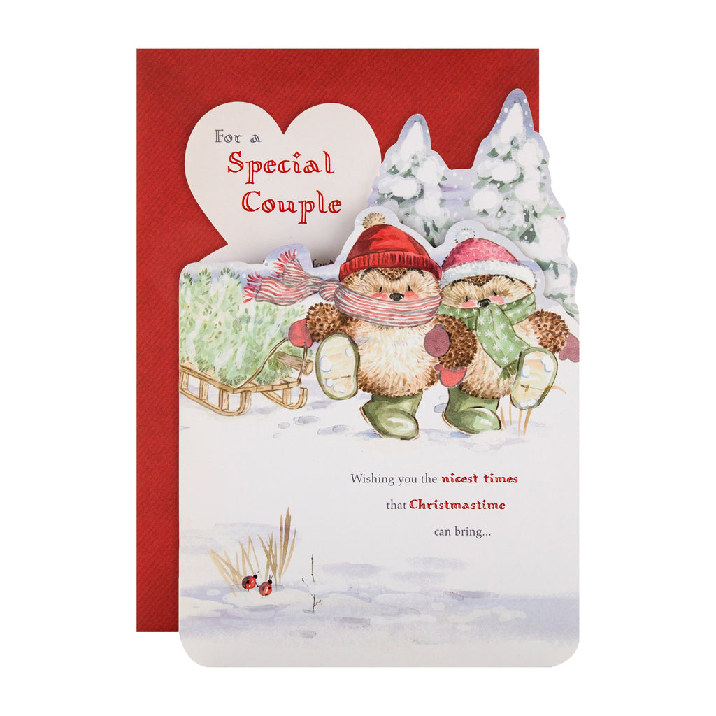Christmas Card for Couple - Cute Country Companions™ 3D Design with Red and Holographic Foil