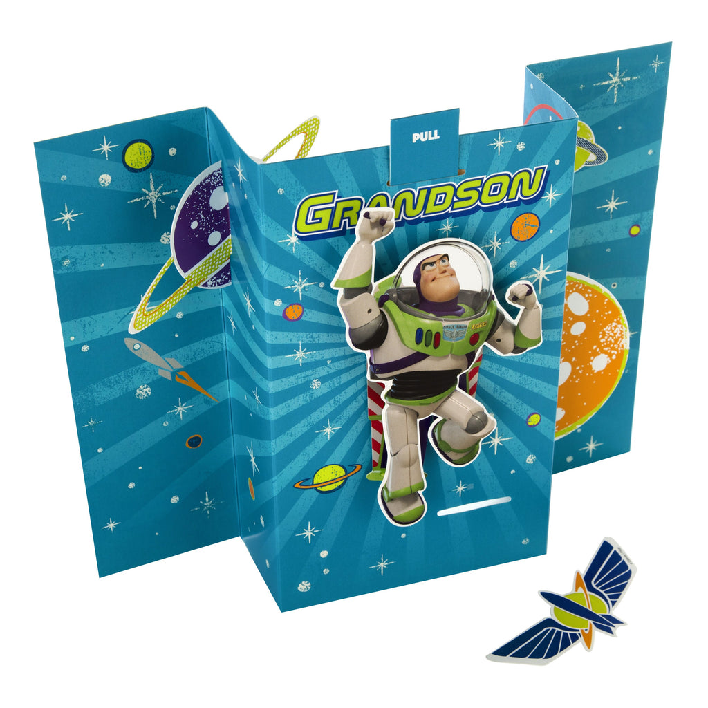 Birthday Activity Card for Grandson - Fun 3D, Glow-in-the-Dark Toy Story Design with Moving Parts, Maze Game and Badge