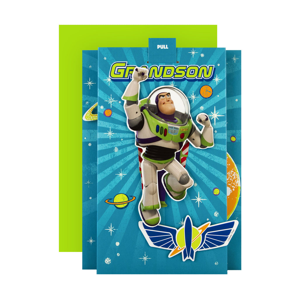Birthday Activity Card for Grandson - Fun 3D, Glow-in-the-Dark Toy Story Design with Moving Parts, Maze Game and Badge