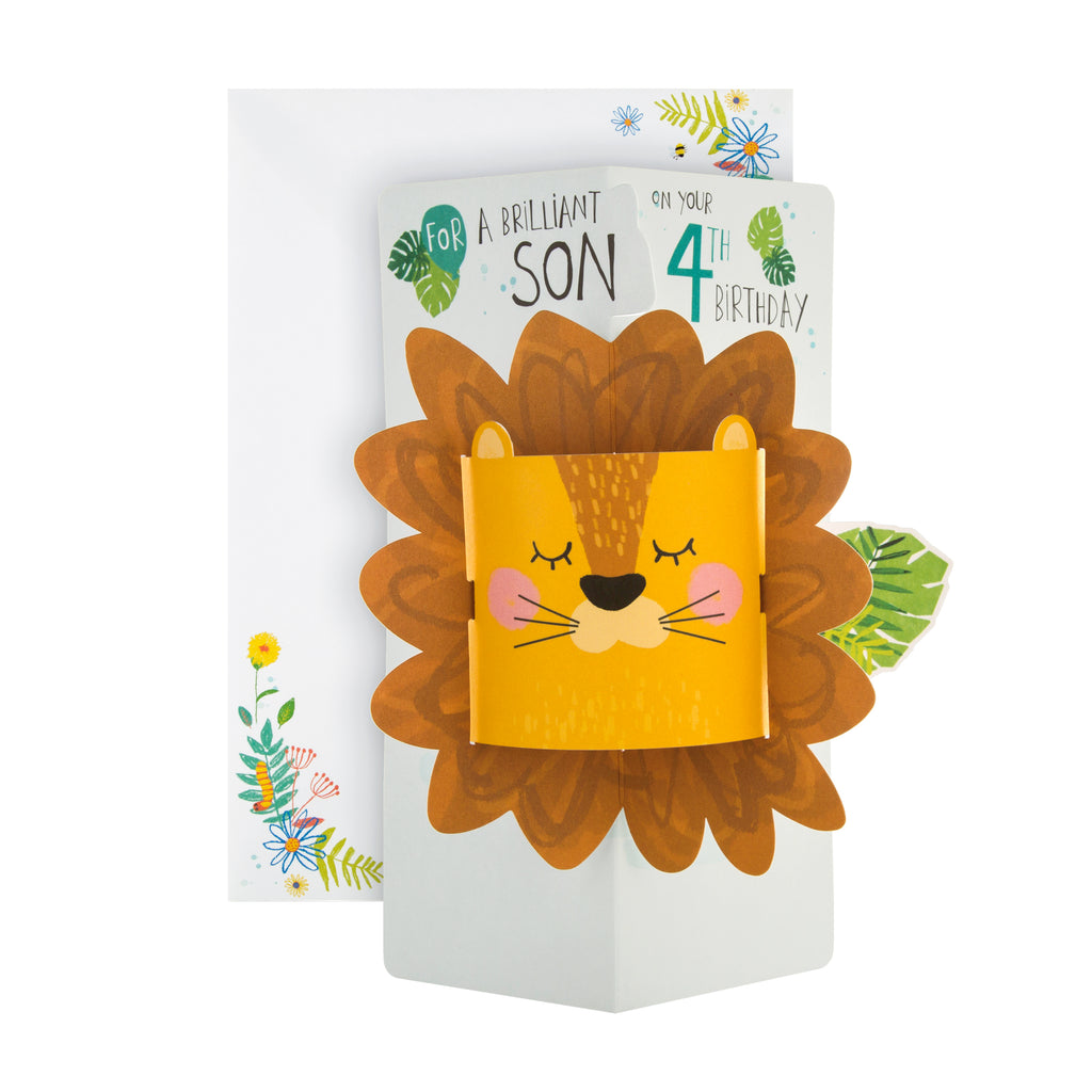 4th Birthday Card for Son - Cute Pop-out Lion Face Design