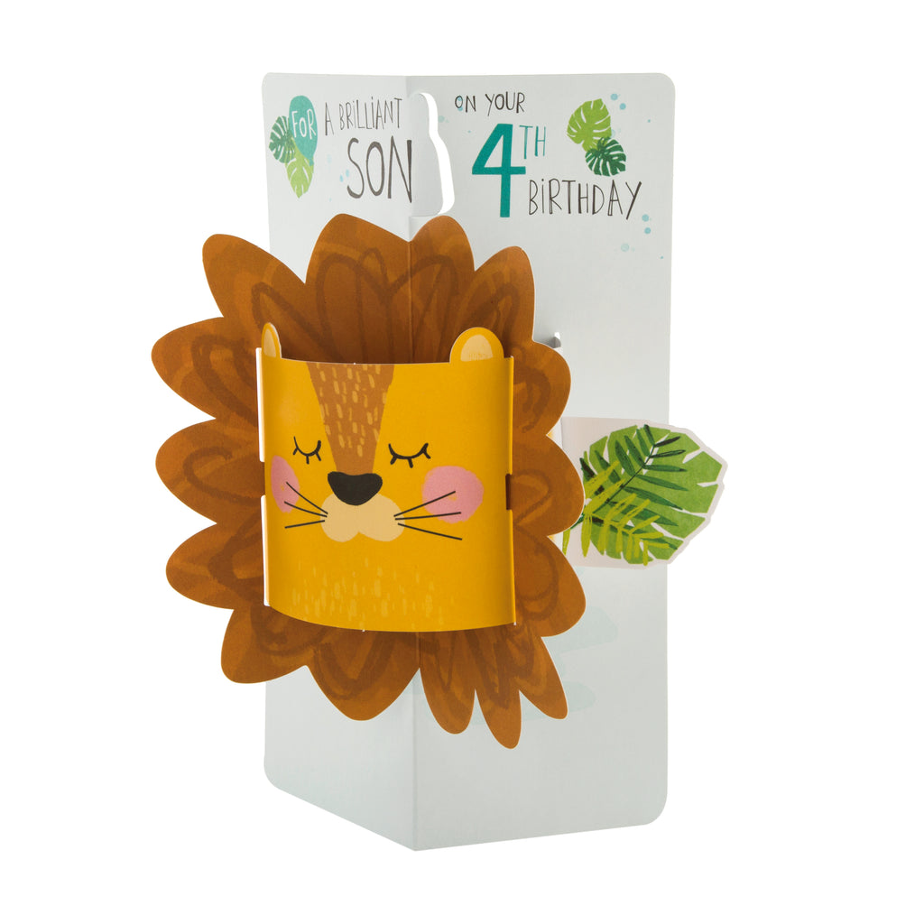 4th Birthday Card for Son - Cute Pop-out Lion Face Design