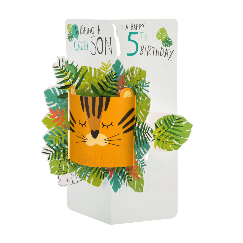 5th Birthday Card for Son - Cute Pop-out Tiger Face Design