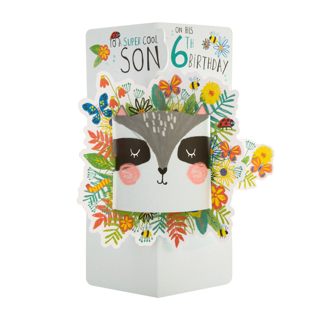6th Birthday Card for Son - Cute Pop-out Badger/Raccoon Face Design