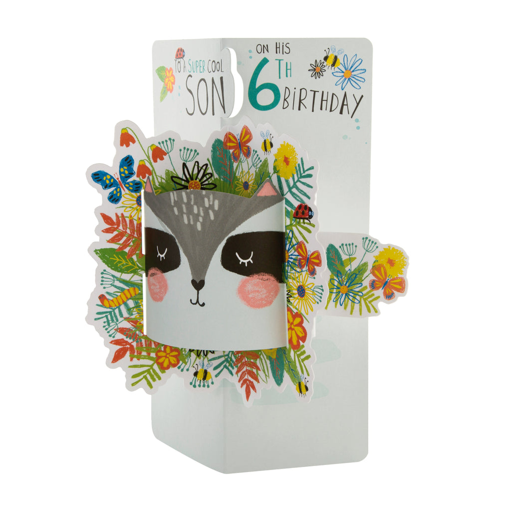 6th Birthday Card for Son - Cute Pop-out Badger/Raccoon Face Design