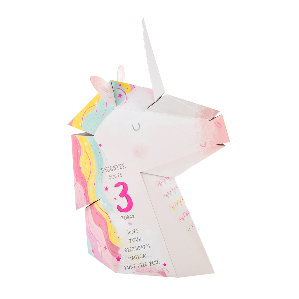 3rd Birthday Card for Daughter - Pop-out 3D Unicorn Head Design