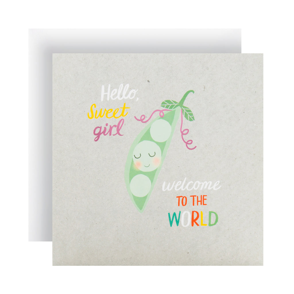 New Baby Girl Congratulations Card - Cute Illustrated Peapod Design