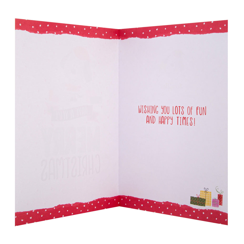 General Christmas Card - Cute 'Scruffles' Santa Presents Design with Red Foil