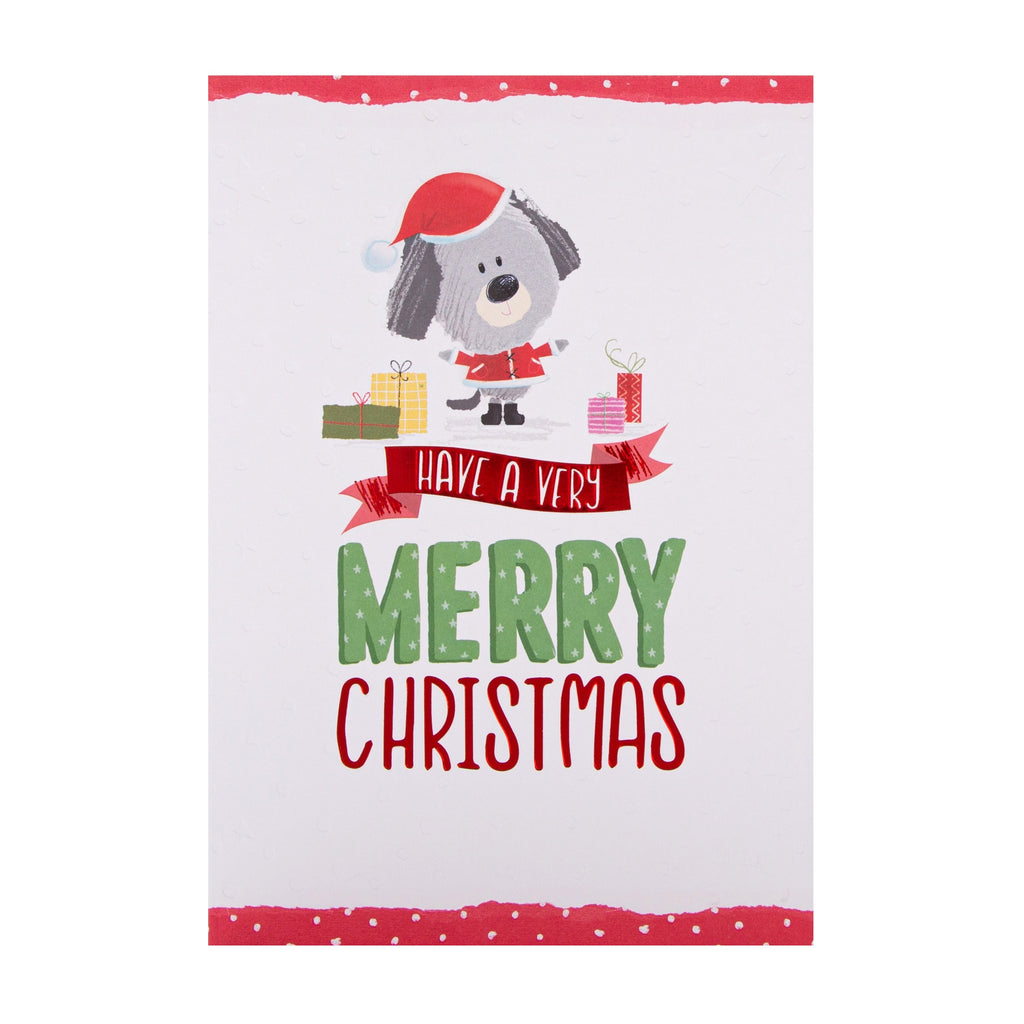 General Christmas Card - Cute 'Scruffles' Santa Presents Design with Red Foil
