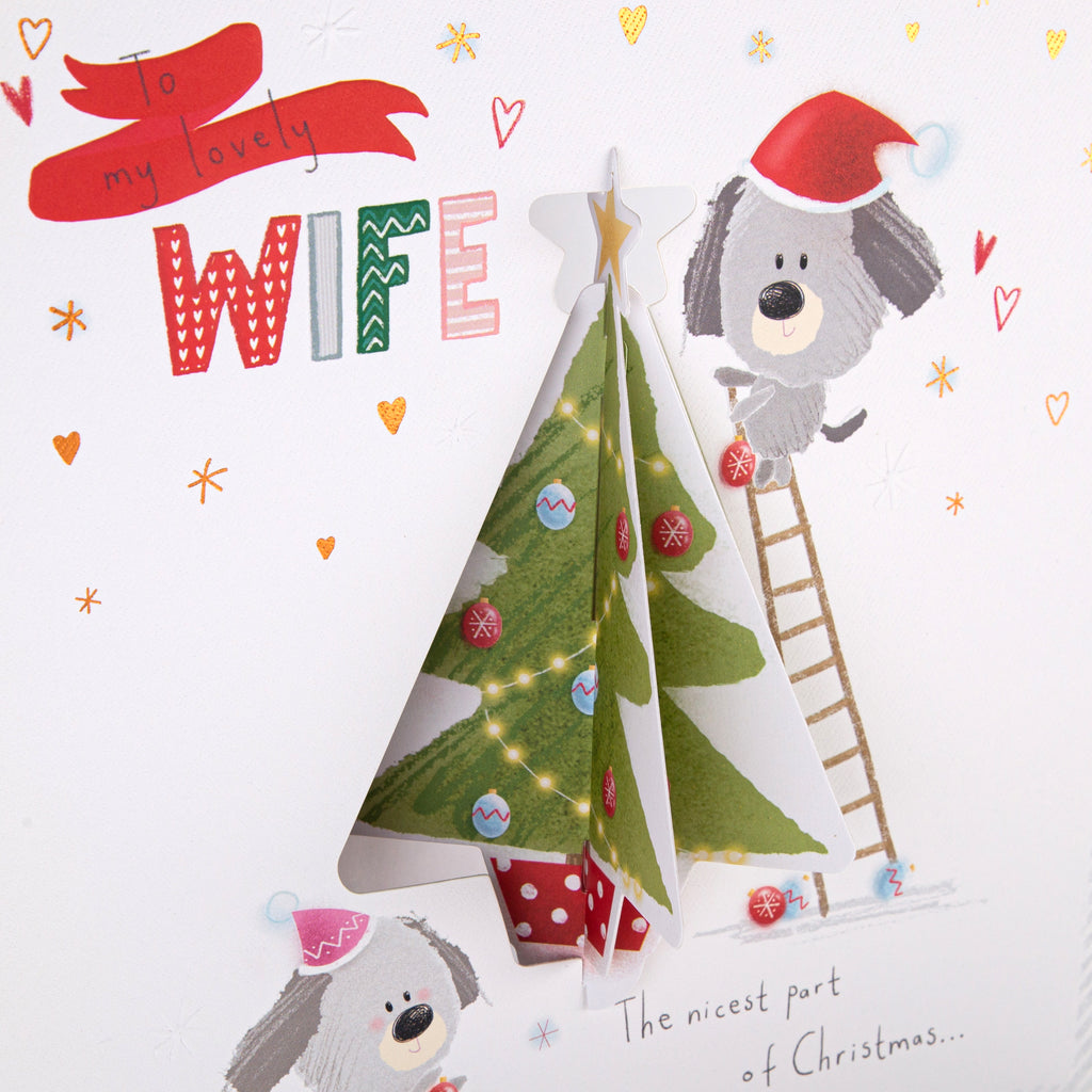 Christmas Card for Wife - Cute 'Scruffles' Tree Decoration Die Cut Design with Copper Foil