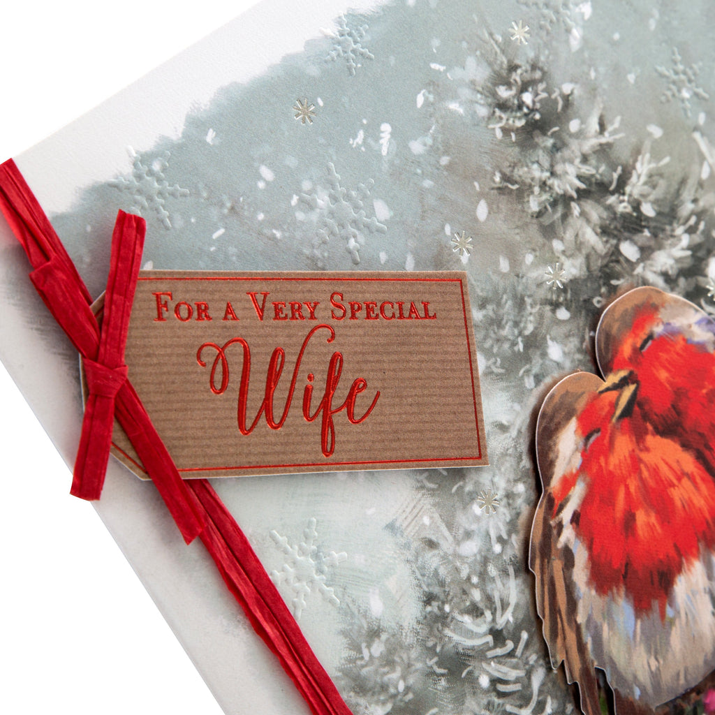 Christmas Card for Wife - Traditional Festive Robins Design with 3D Add On and Silver Foil