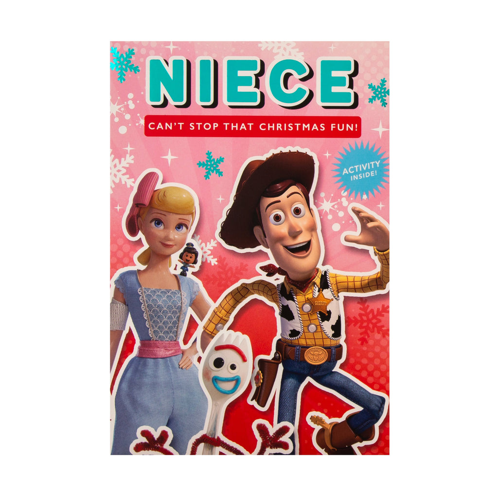 Christmas Card for Niece - Fun Disney™ Toy Story™ 4 Design with Green Foil and Activity Inside