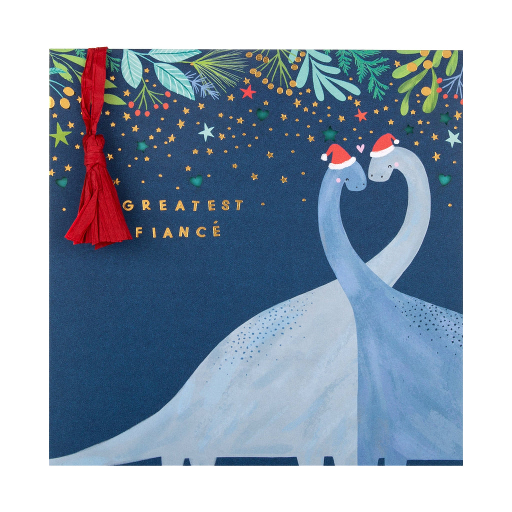 Christmas Card for Fiancé - Quirky Die Cut Dinosaur Design with Gold Foil