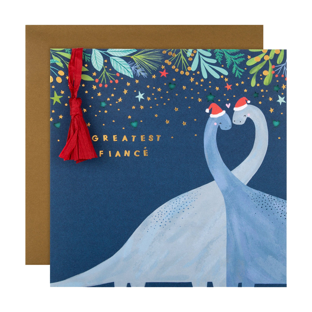 Christmas Card for Fiancé - Quirky Die Cut Dinosaur Design with Gold Foil