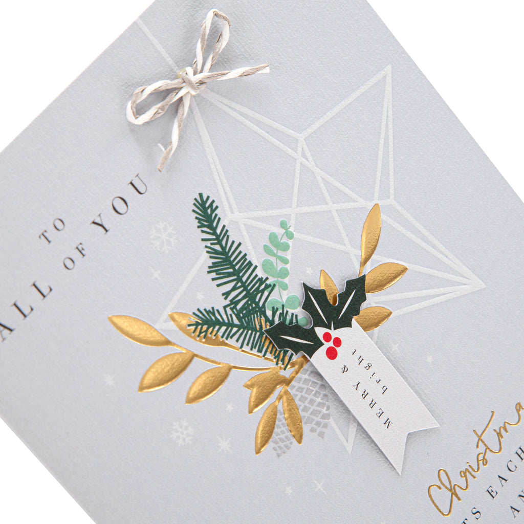 Christmas Card for All of You - Contemporary Mistletoe and Star Design with 3D Add Ons and Gold Foil