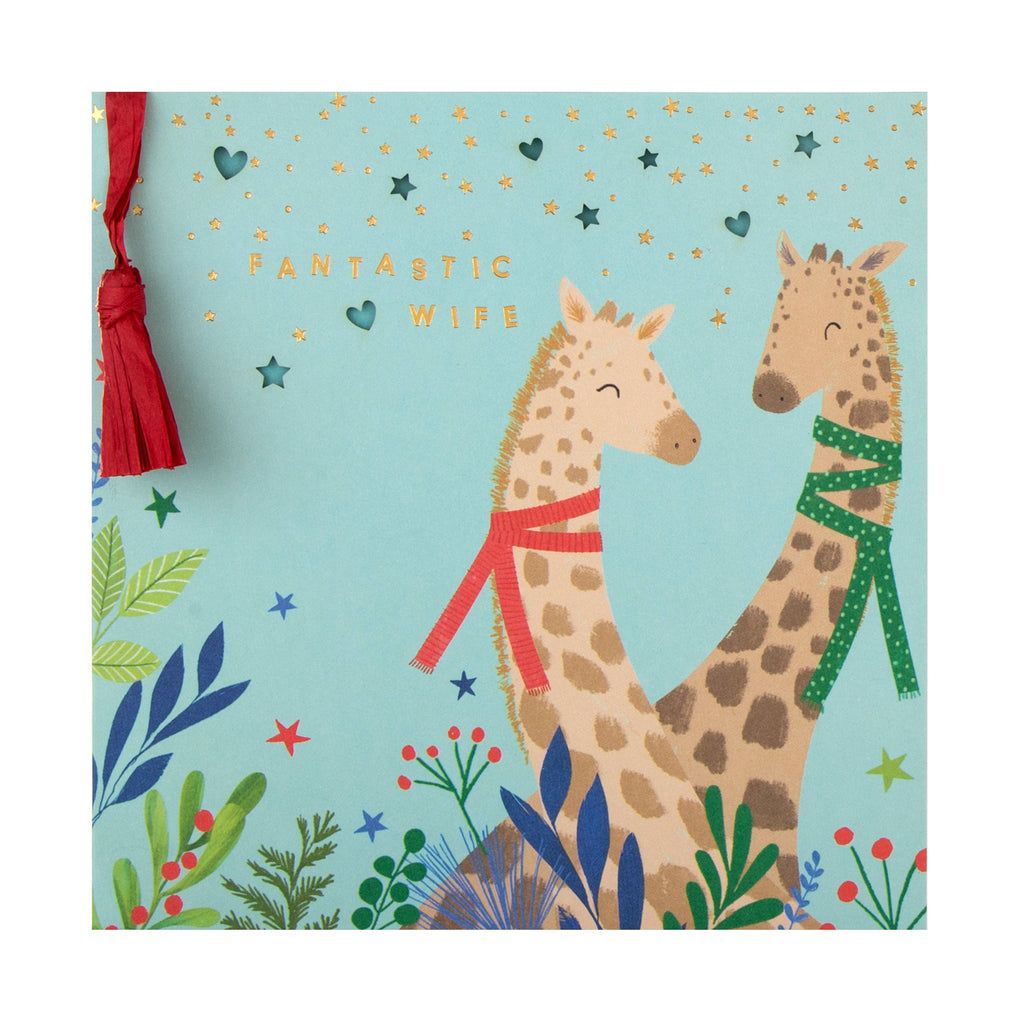 Christmas Card for Wife - Quirky Colourful Giraffe Die Cut Design with Gold Foil