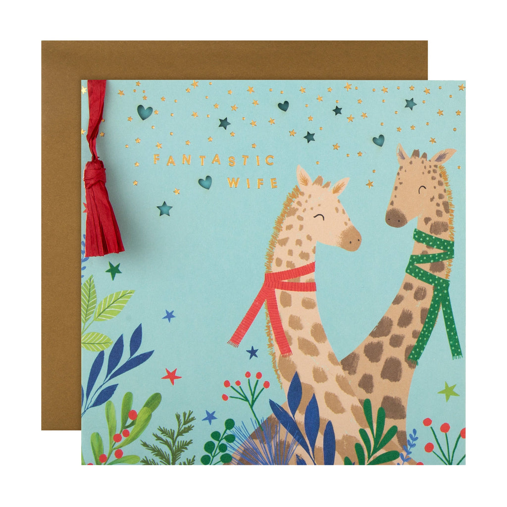 Christmas Card for Wife - Quirky Colourful Giraffe Die Cut Design with Gold Foil