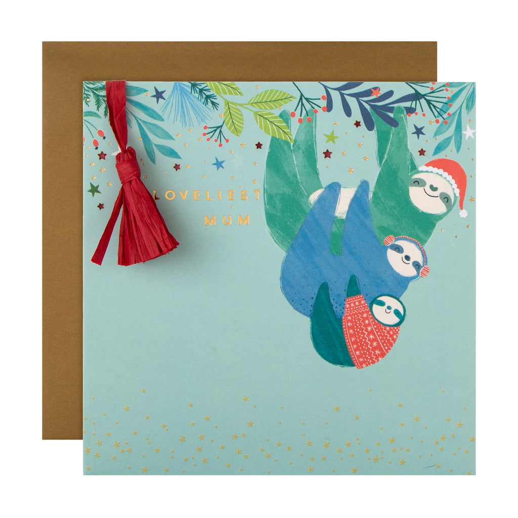 Christmas Card for Mum - Quirky Colourful Sloth Die Cut Design with Gold Foil