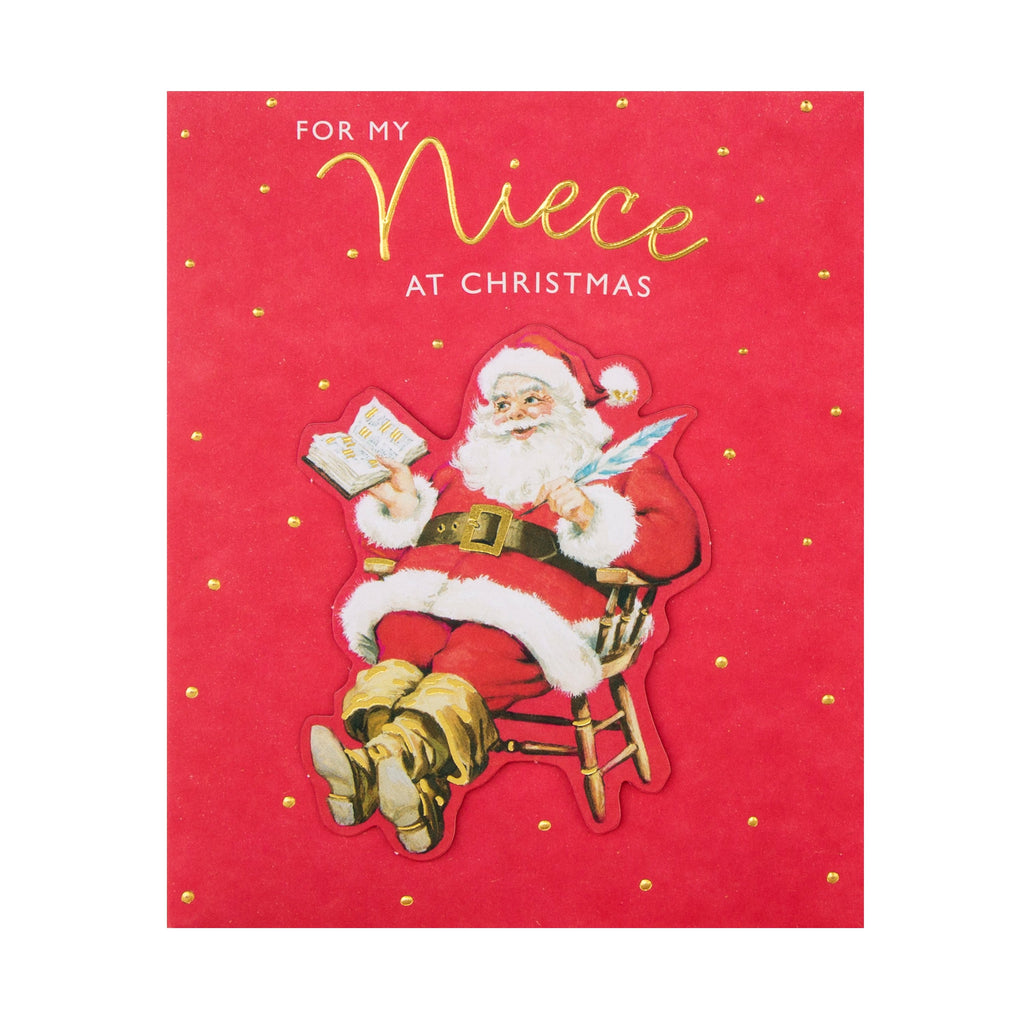 Christmas Card for Niece - Traditional Santa List Design with 3D Add On and Gold Foil