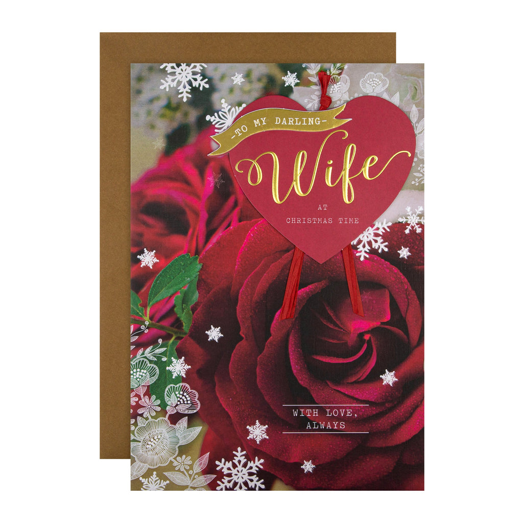 Christmas Card for Wife - Romantic Red Rose Design with Gold Foil and 3D Add On