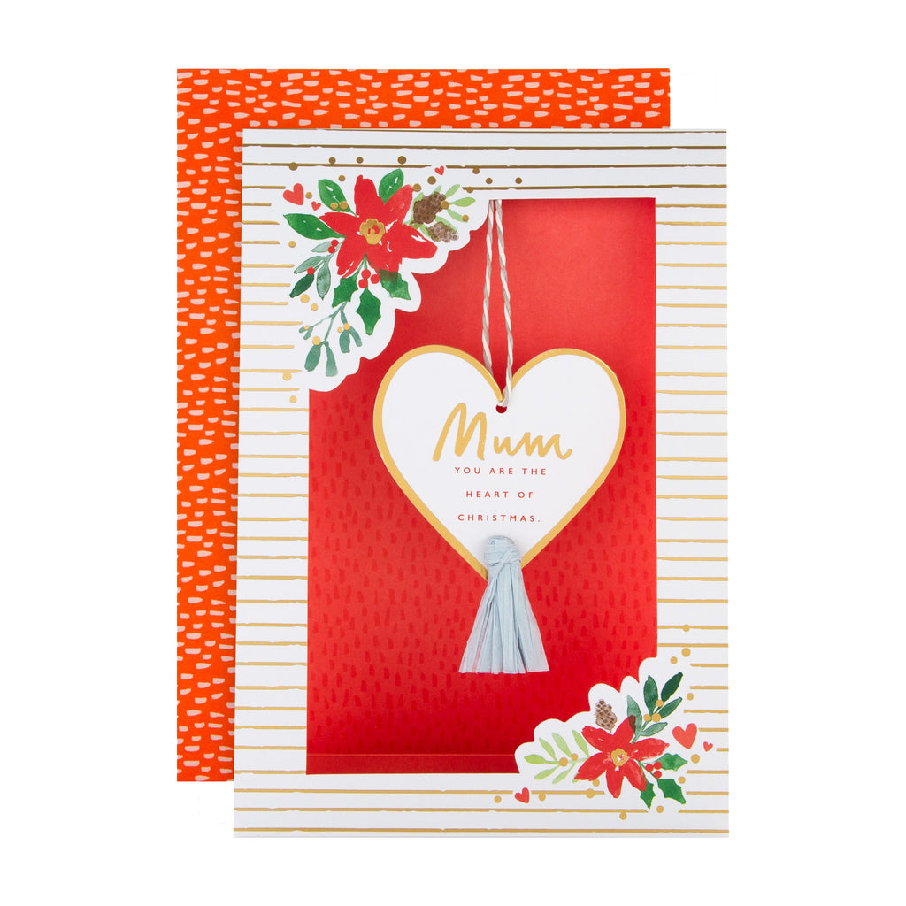 Christmas Card for Mum - Beautiful Love heart 3D Design with Gold Foil and Hanging Attachment