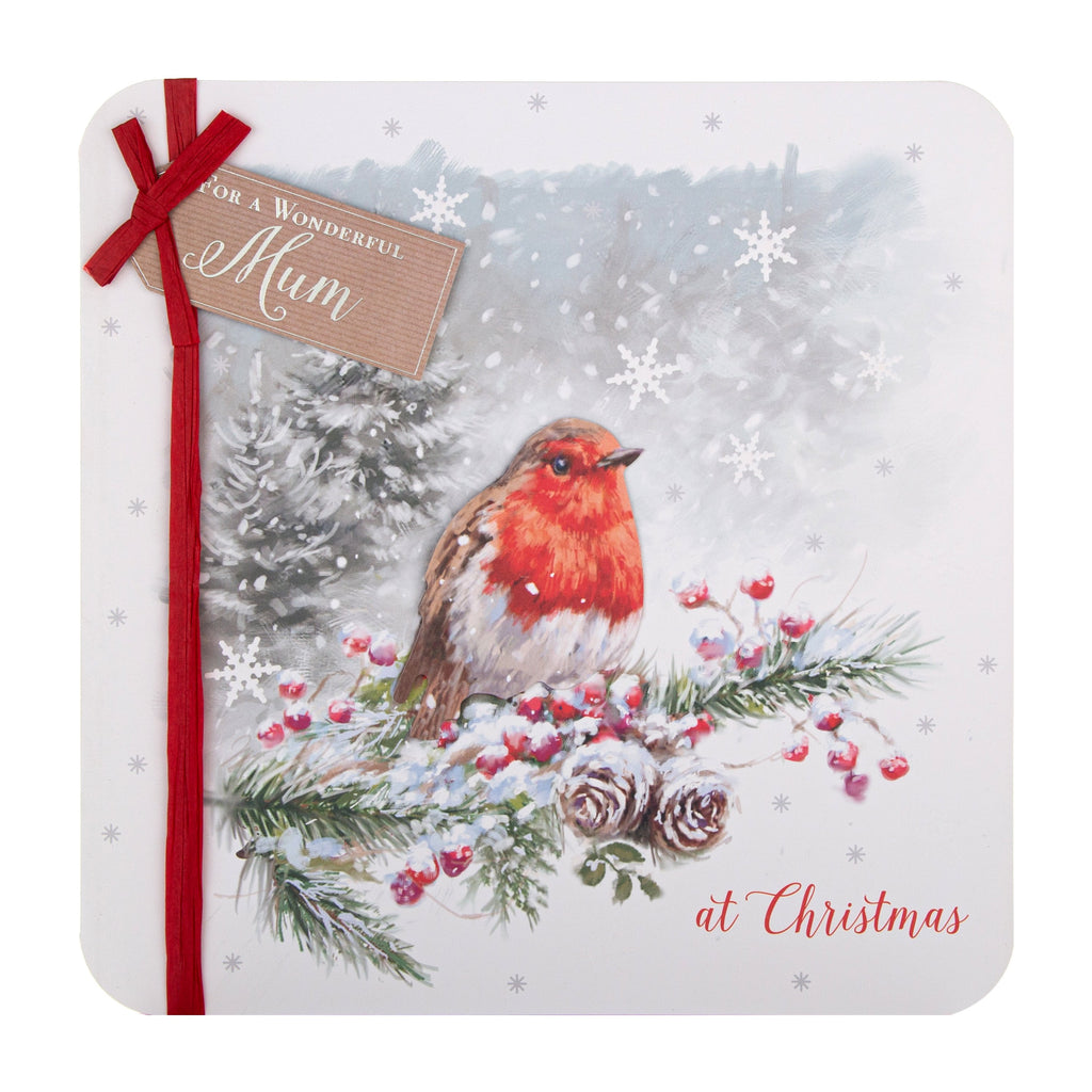 Christmas Card for Mum - Traditional Winter Robin Design with 3D Add Ons and Silver Foil