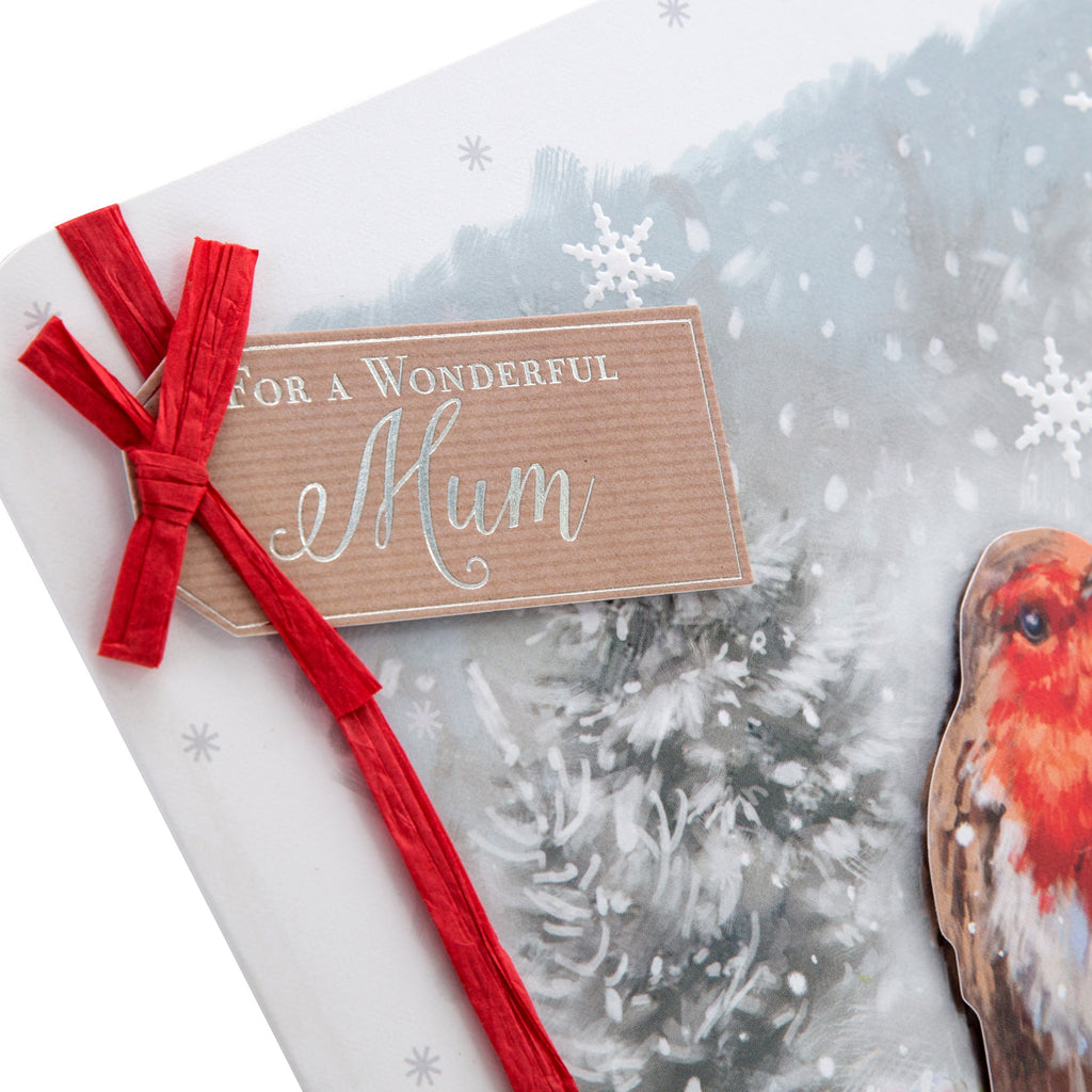 Christmas Card for Mum - Traditional Winter Robin Design with 3D Add Ons and Silver Foil