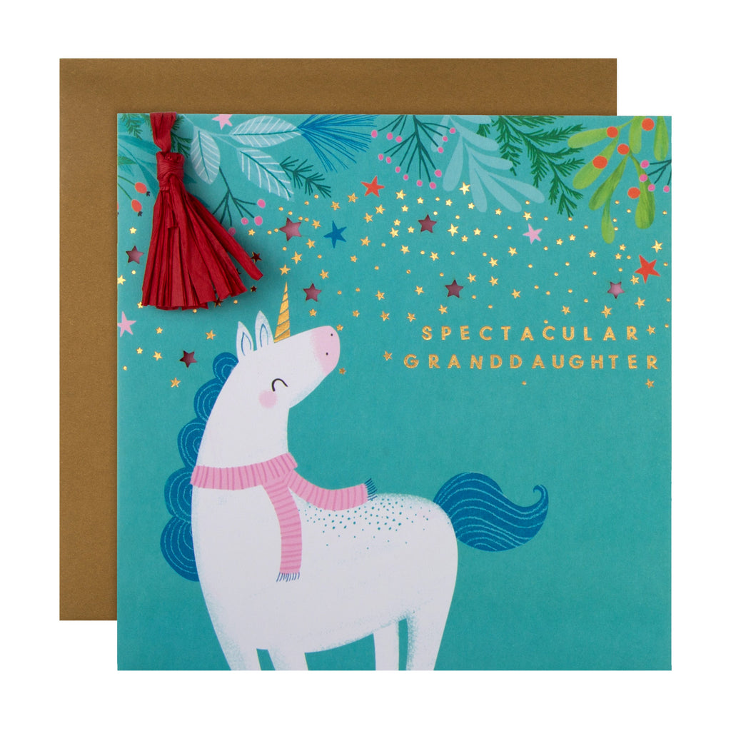Christmas Card for Granddaughter - Quirky Unicorn Star Design with Gold Foil