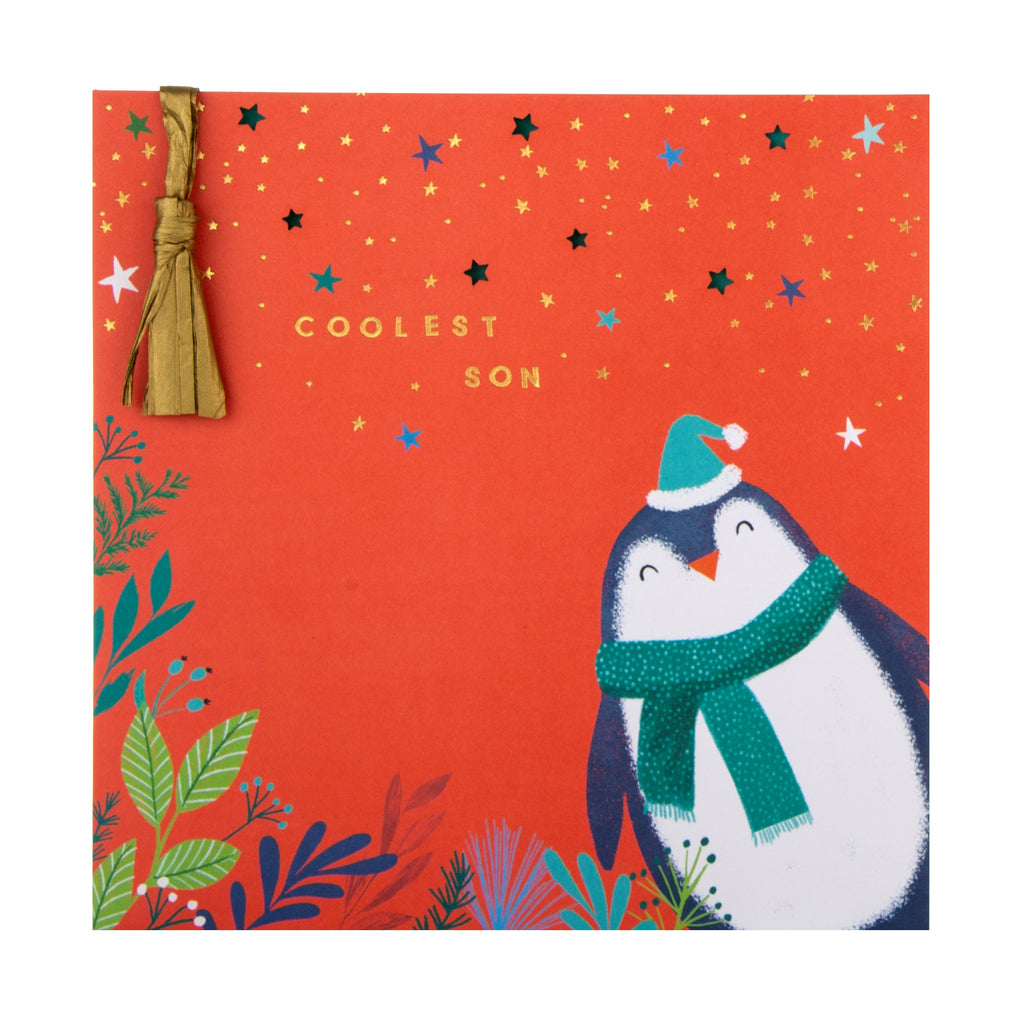 Christmas Card for Son - Contemporary Festive Penguin Die Cut Design with Gold Foil