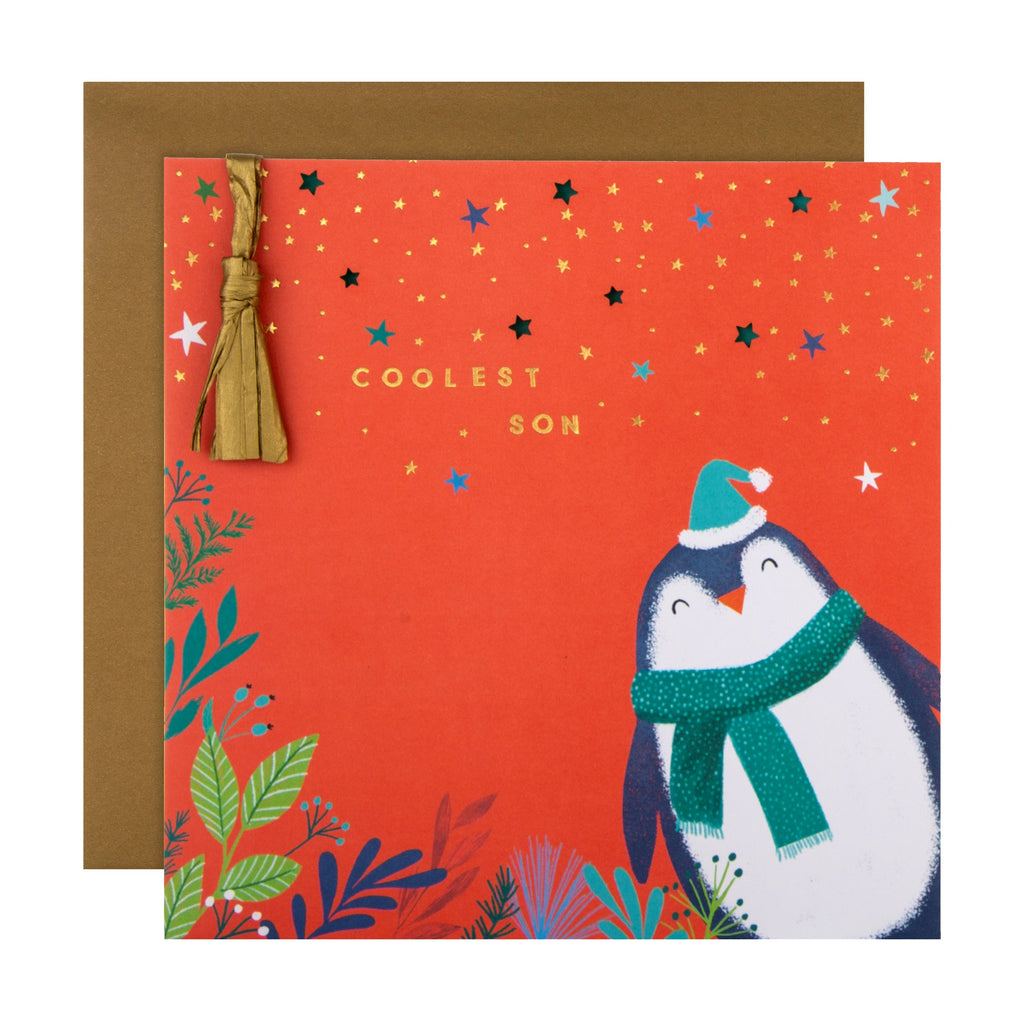 Christmas Card for Son - Contemporary Festive Penguin Die Cut Design with Gold Foil