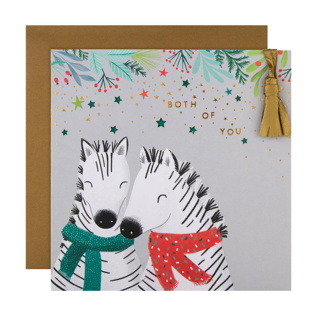Christmas Card for Both of You - Quirky Festive Zebra Die Cut Design with Gold Foil