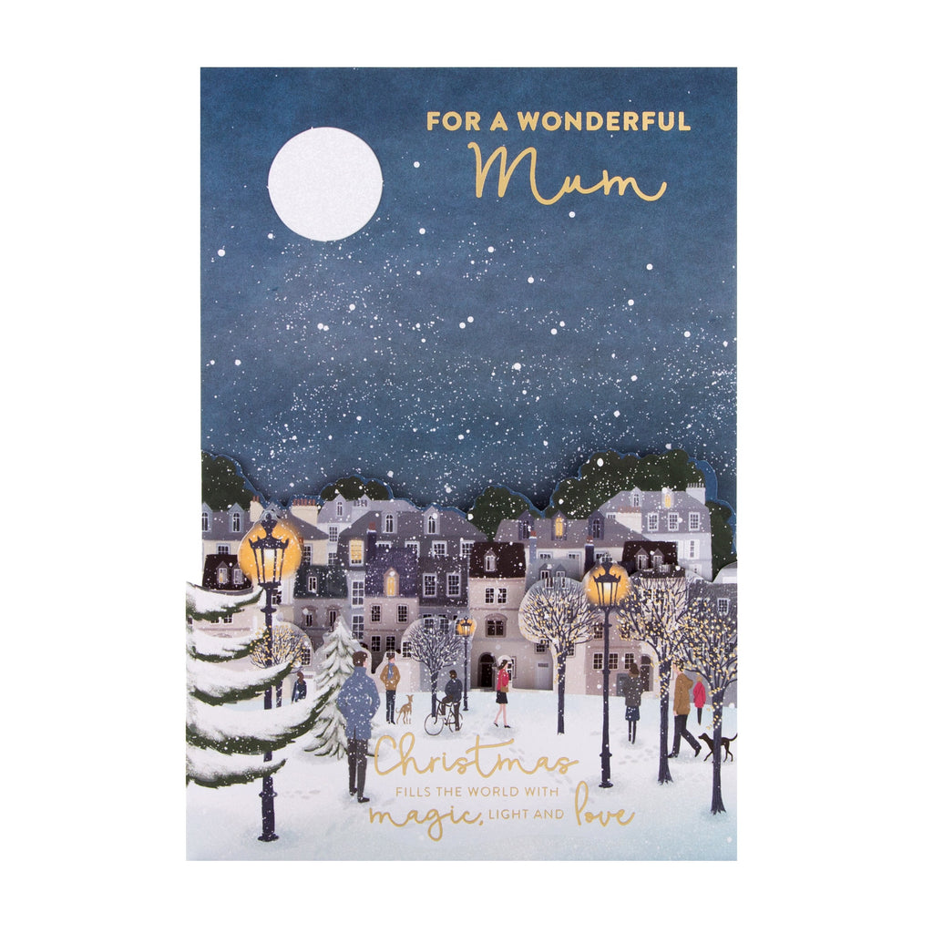 Christmas Card for Mum - Classic Winters Night Pop Up Design with Gold Foil and 3D Add On