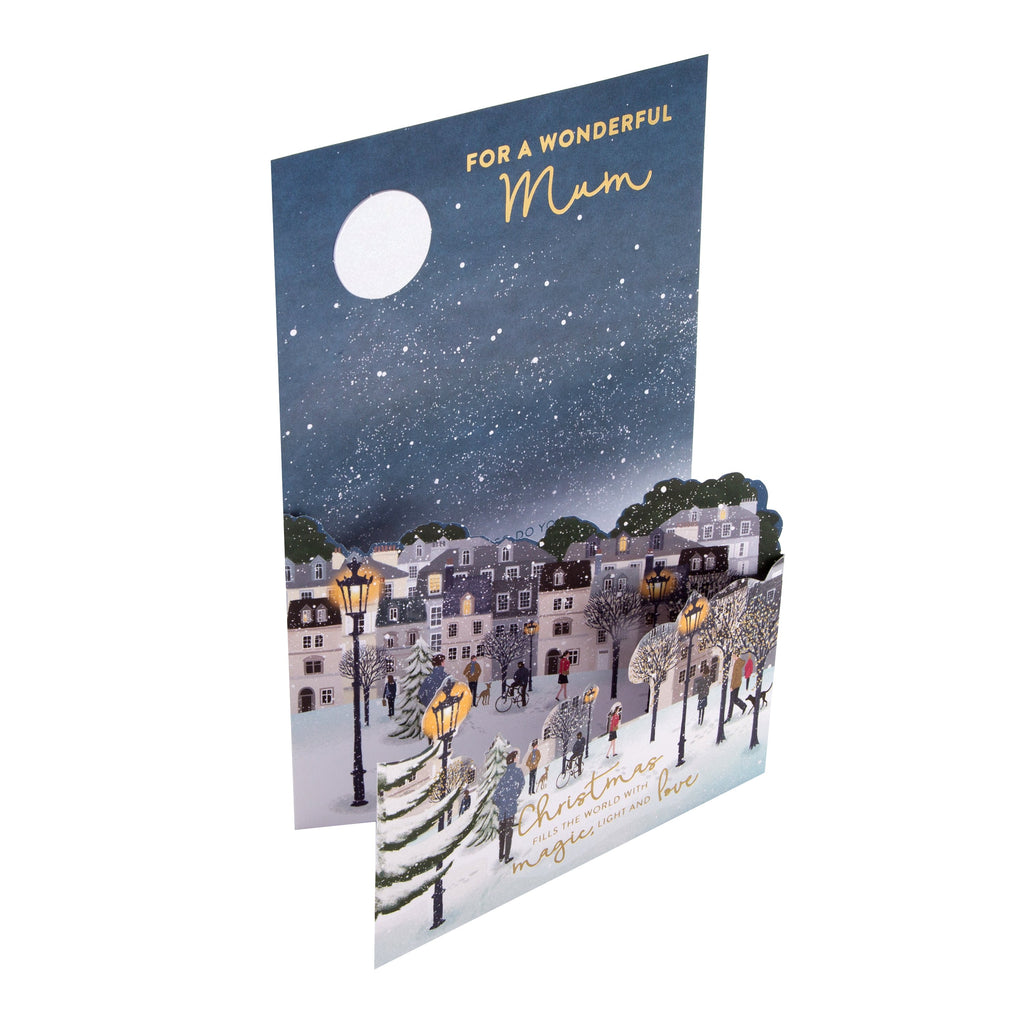 Christmas Card for Mum - Classic Winters Night Pop Up Design with Gold Foil and 3D Add On