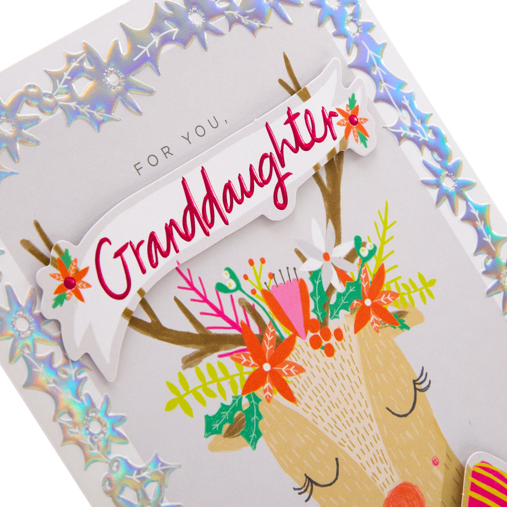 Christmas Card for Granddaughter - Glamourous Winter Reindeer Design with 3D Add Ons and Silver Foil