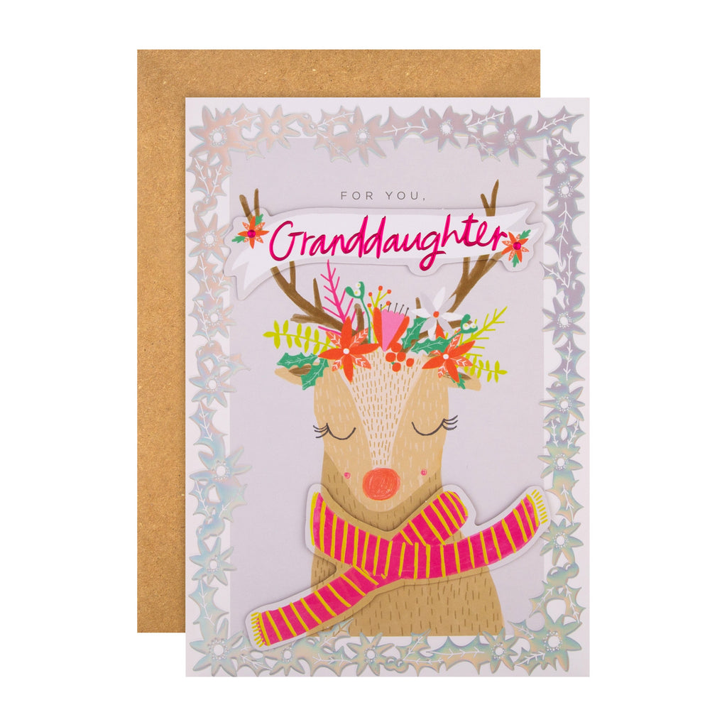 Christmas Card for Granddaughter - Glamourous Winter Reindeer Design with 3D Add Ons and Silver Foil
