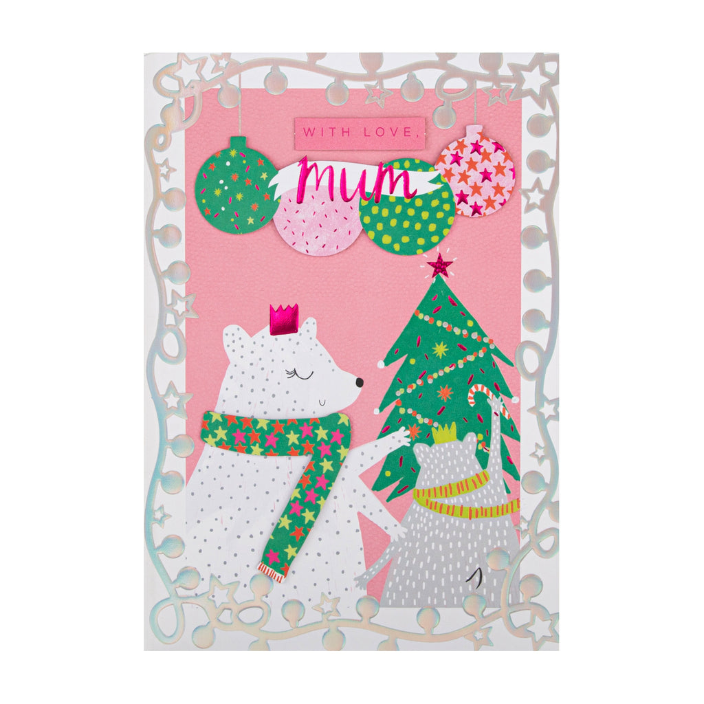 Christmas Card for Mum - Cute Polar Bear Decorations Design with 3D Add Ons and Foil