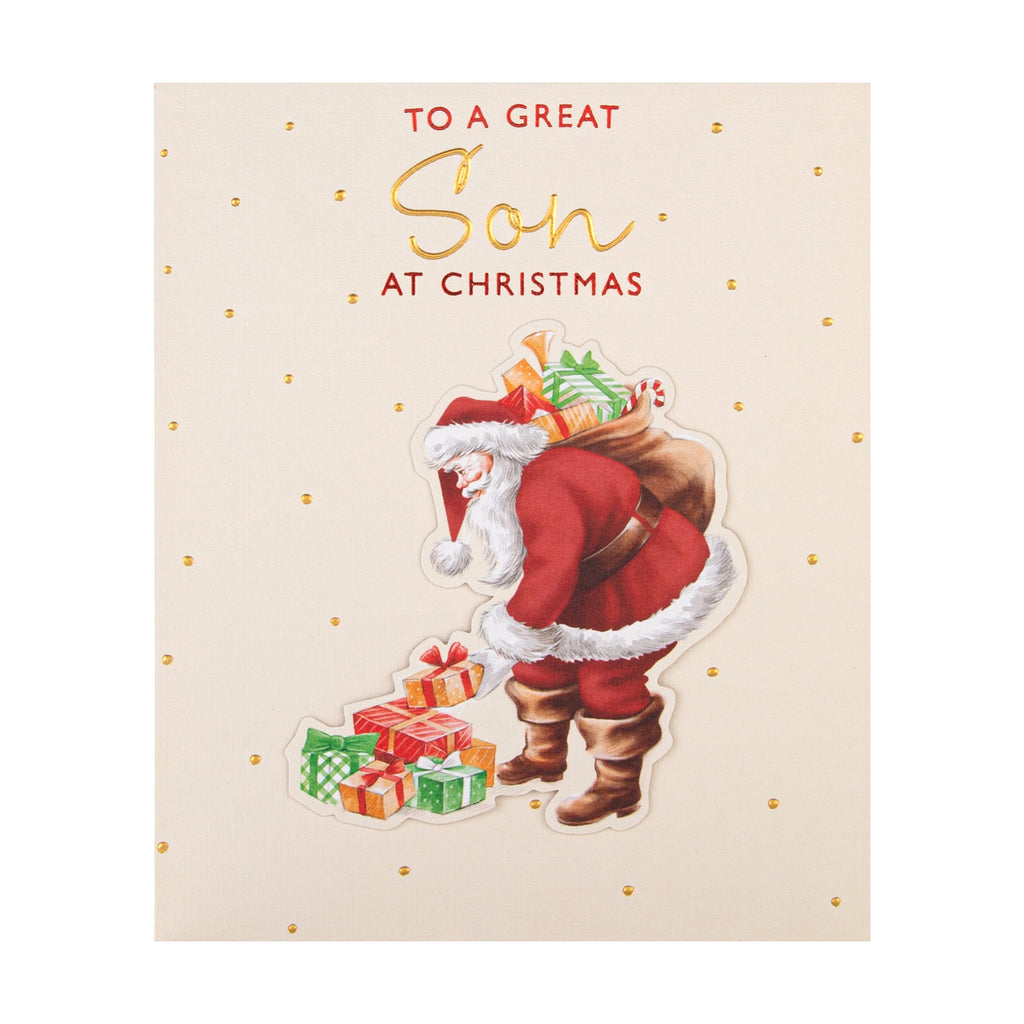 Christmas Card for Son - Santa Gifts Design with 3D Add On and Gold Foil