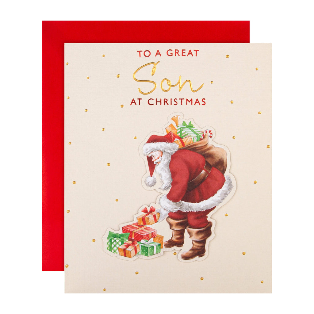 Christmas Card for Son - Santa Gifts Design with 3D Add On and Gold Foil
