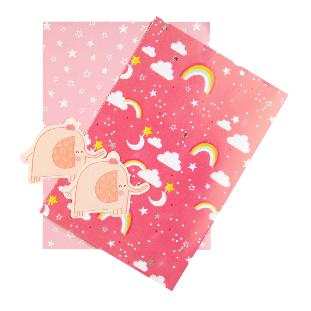 Baby Wrapping Paper and Gift Tag Duo Pack - Rainbows and Stars Design (Pink)