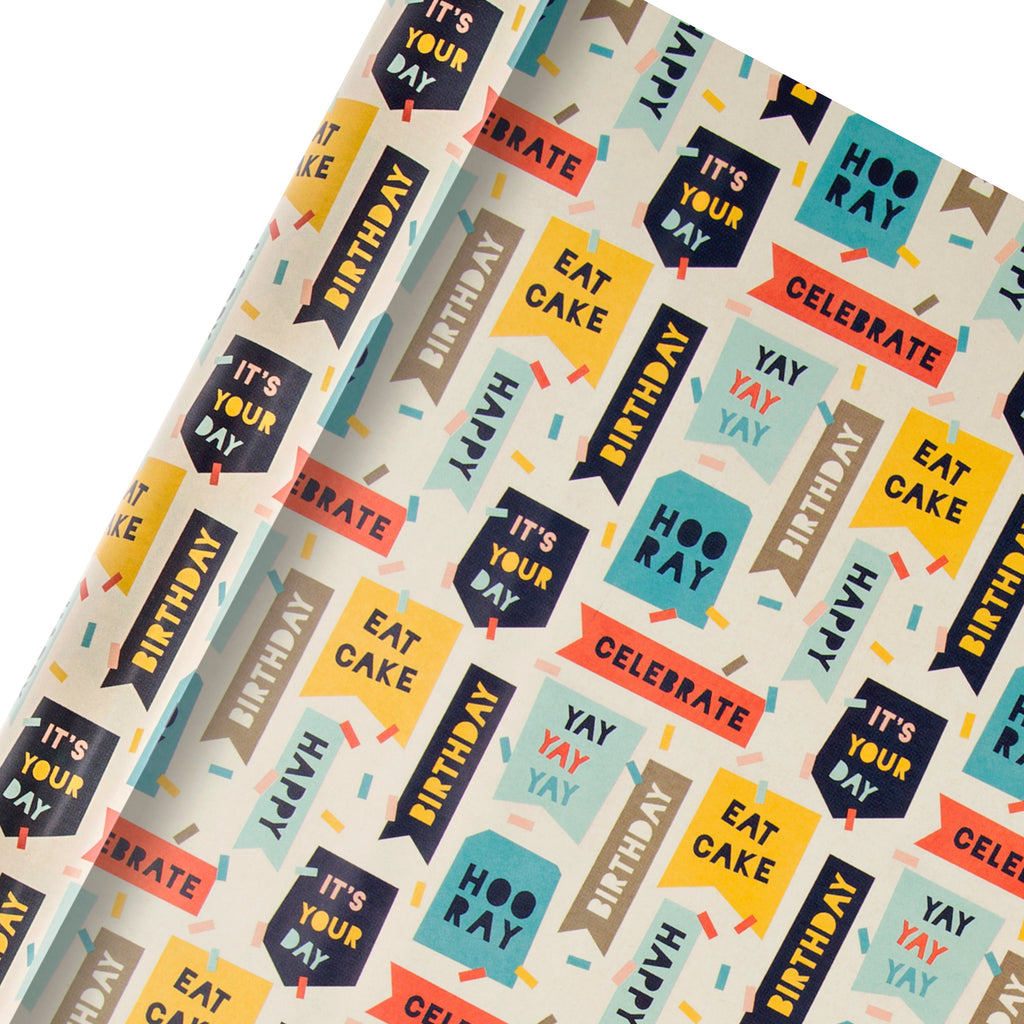 2m Roll of Birthday Wrapping Paper - Fun Text Based Design
