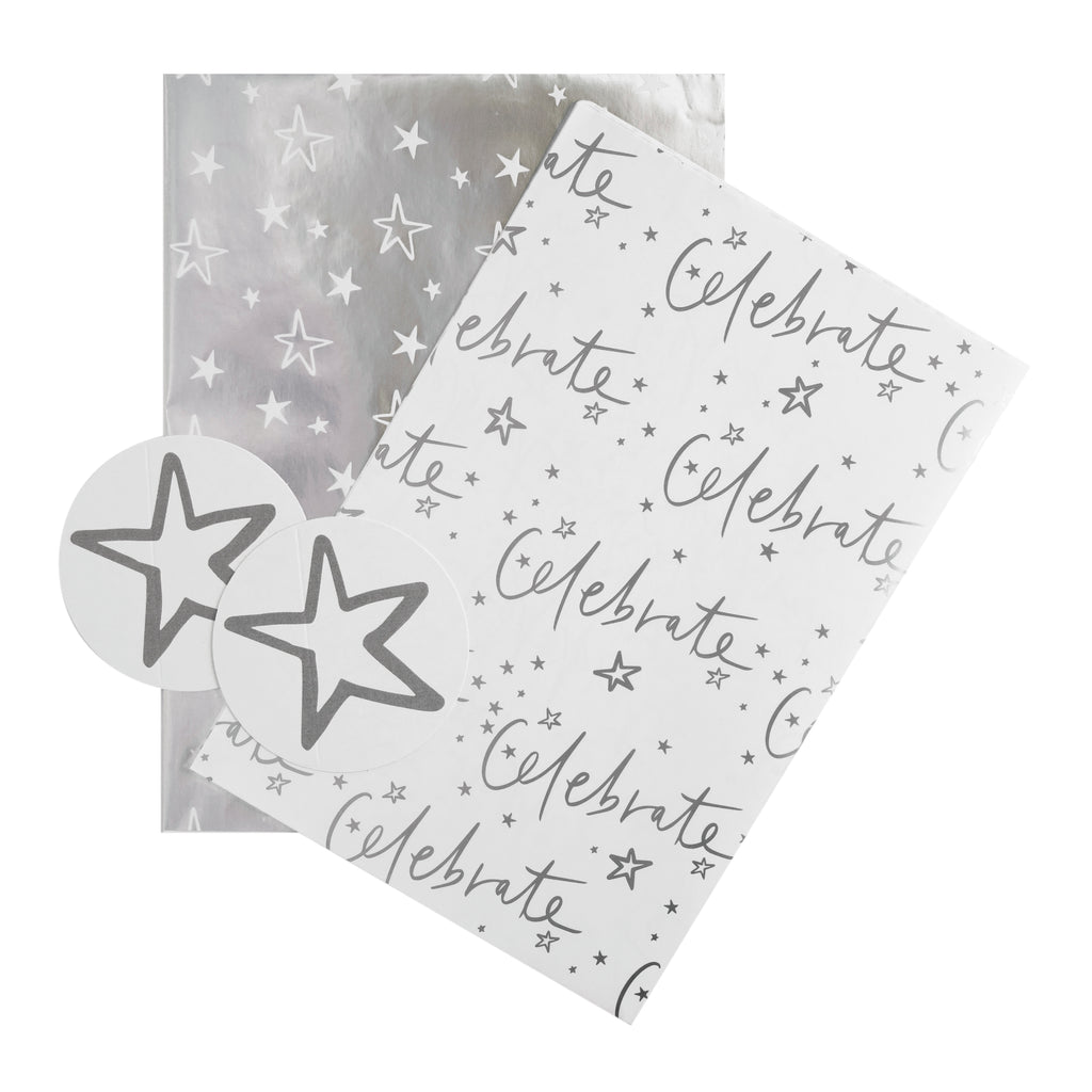 Multi-Occasion Wrapping Paper and Gift Tag Duo Pack - Foil Text and Stars