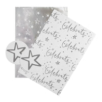 Any Occasion Wrapping Paper and Gift Tag Pack - 2 Sheets and 2 Tags in 2 Foil Text and Stars Designs