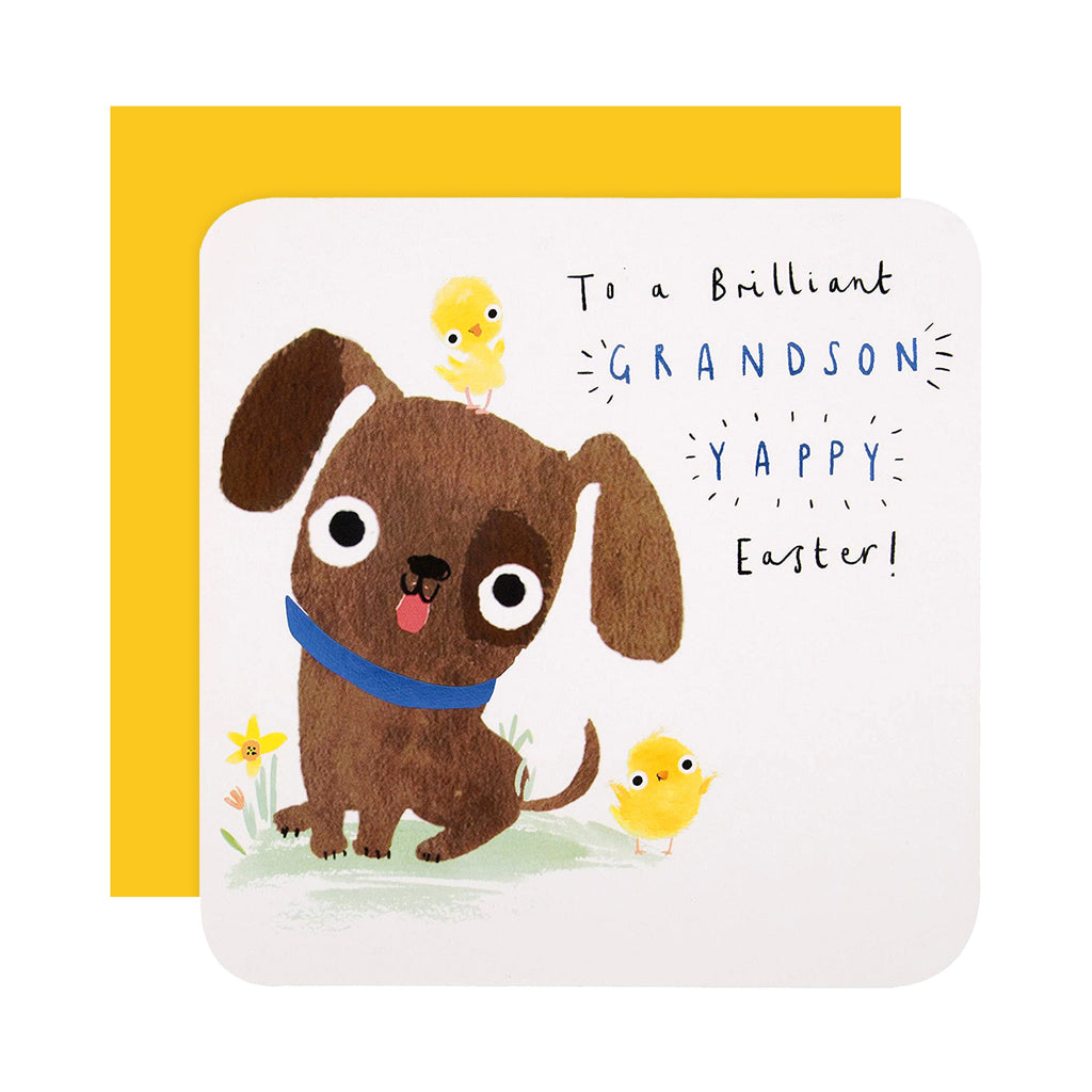 Easter Card for Grandson - Cute Dog and Chicks Design with Blue Foil