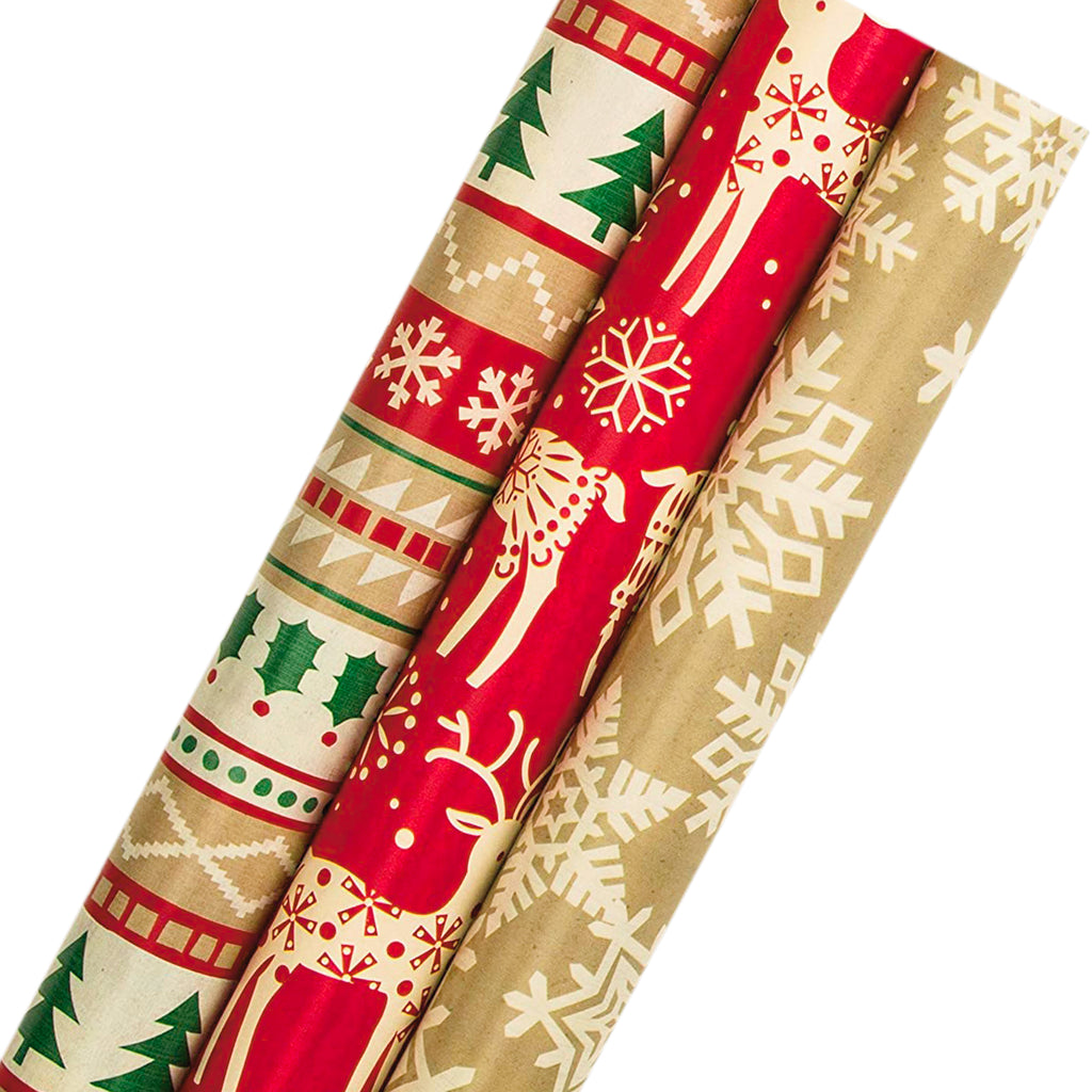 3 Roll Christmas Wrapping Paper Bundle - Kraft Based Designs
