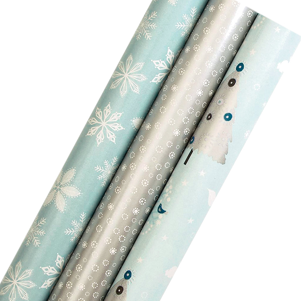 3 Roll Christmas Wrapping Paper Bundle - Silver, White and Blue