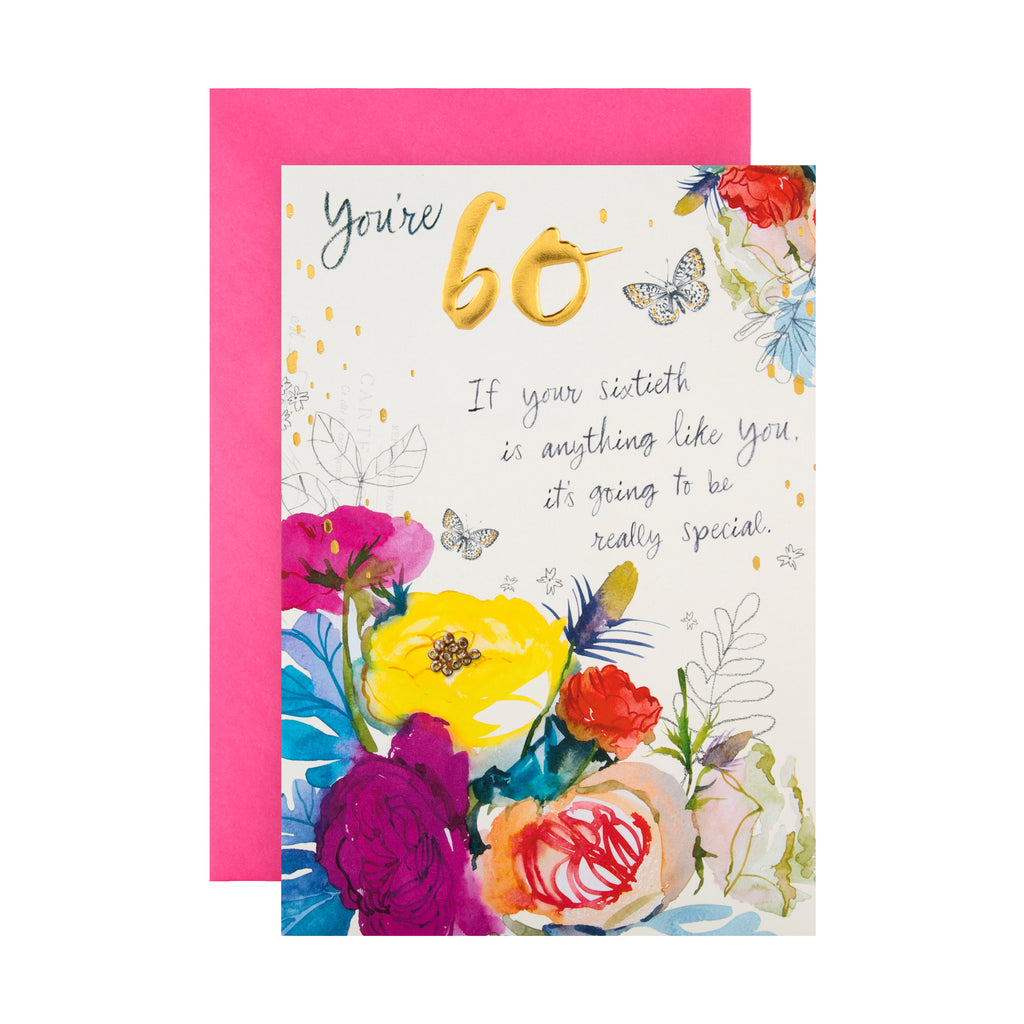 60th Birthday Card - Embossed Floral Design