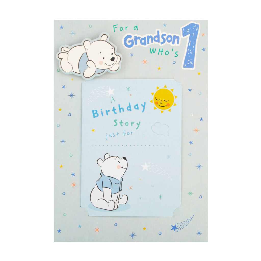 1st Birthday Card for Grandson - Cute Disney Winnie-the-Pooh Design with Keepsake Booklet