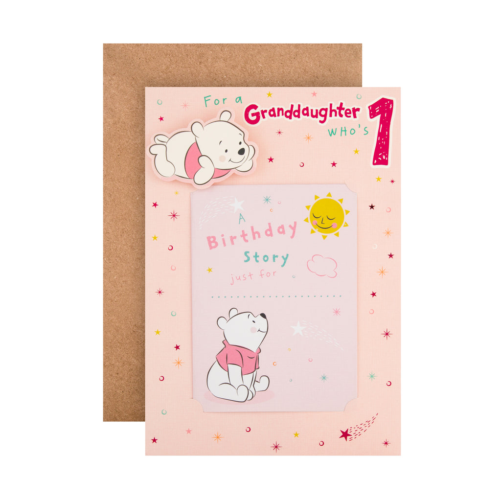 1st Birthday Card for Granddaughter - Cute Disney Winnie-the-Pooh Design with Keepsake Booklet